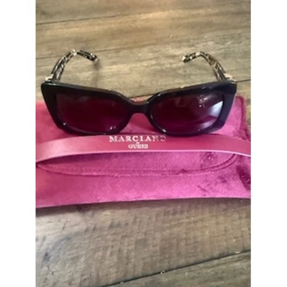 Marciano by Guess Black Rectangular Cat Eye Sunglasses Gold M Logo with Pouch